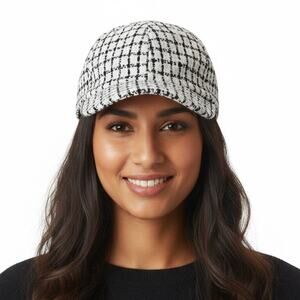 NWT J. Crew Tweed Plaid Baseball Cap Adjustable Hat Black White Women's One Size